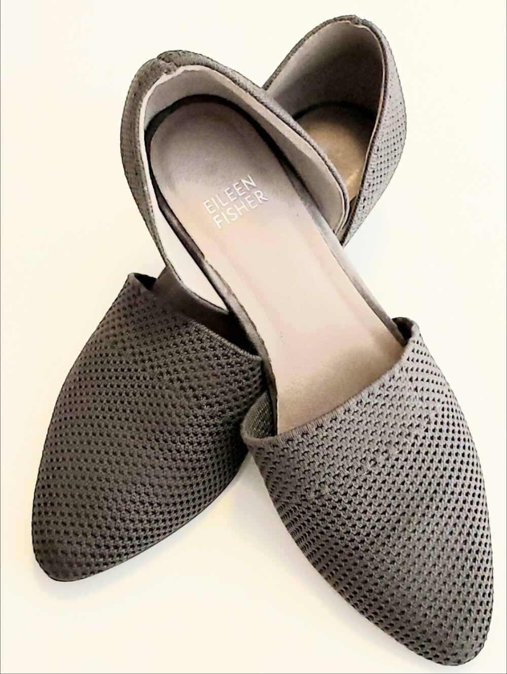 Eileen Fisher Hallow Knit D'Orsay Charcoal Grey Mesh Pointed Slip On Pumps 7.5